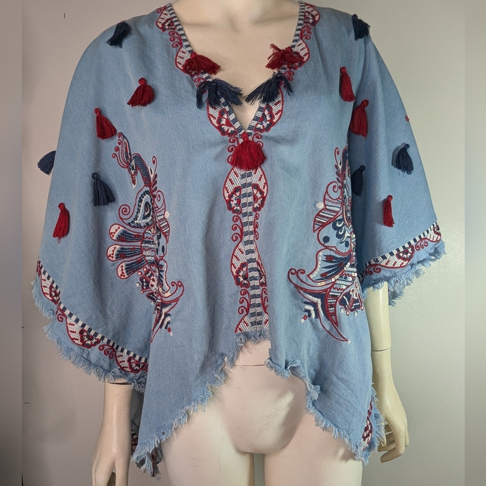 Zara Trataluo Denimwear  Women's Poncho Boho Embroidered Tassels Top Peacocks
